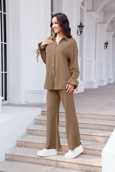 Buy Drawstring Flounce Sleeve Shirt and Pants Set by S.S.Ni