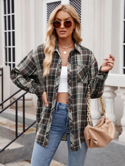 Buy Pocketed Plaid Collared Neck Long Sleeve Shirt by Mandy