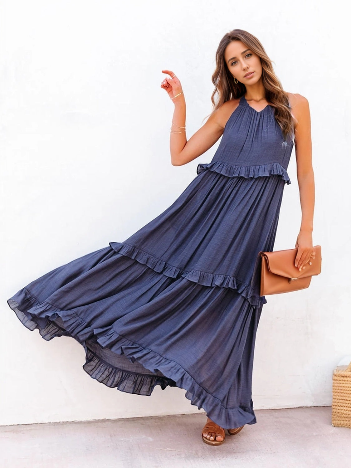 Buy Ruffled Sleeveless Tiered Maxi Dress with Pockets by Faz