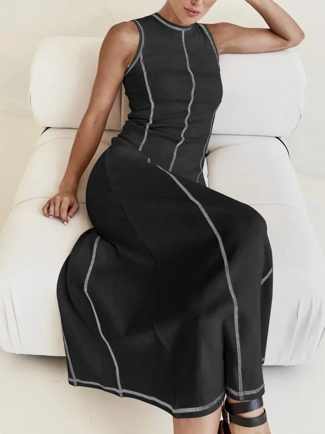 Buy Contrast Stitching Round Neck Sleeveless Midi Dress by Faz