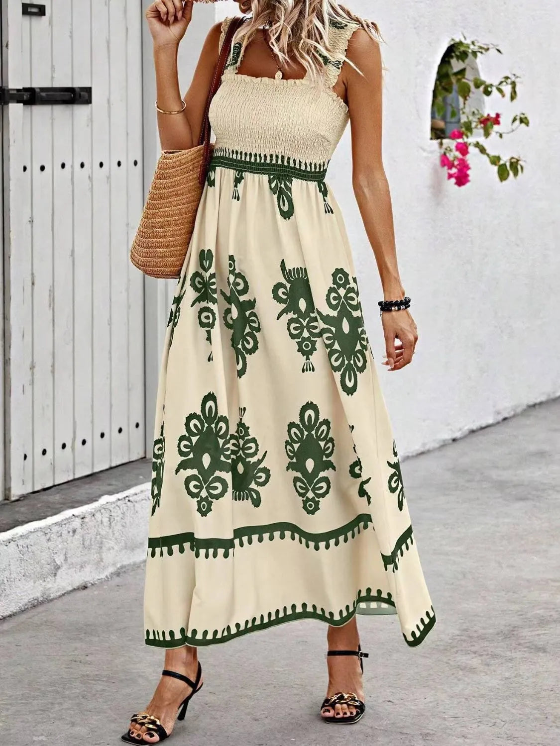 Buy Smocked Printed Wide Strap Maxi Dress by Faz