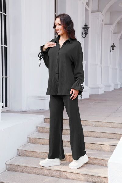 Buy Drawstring Flounce Sleeve Shirt and Pants Set by S.S.Ni