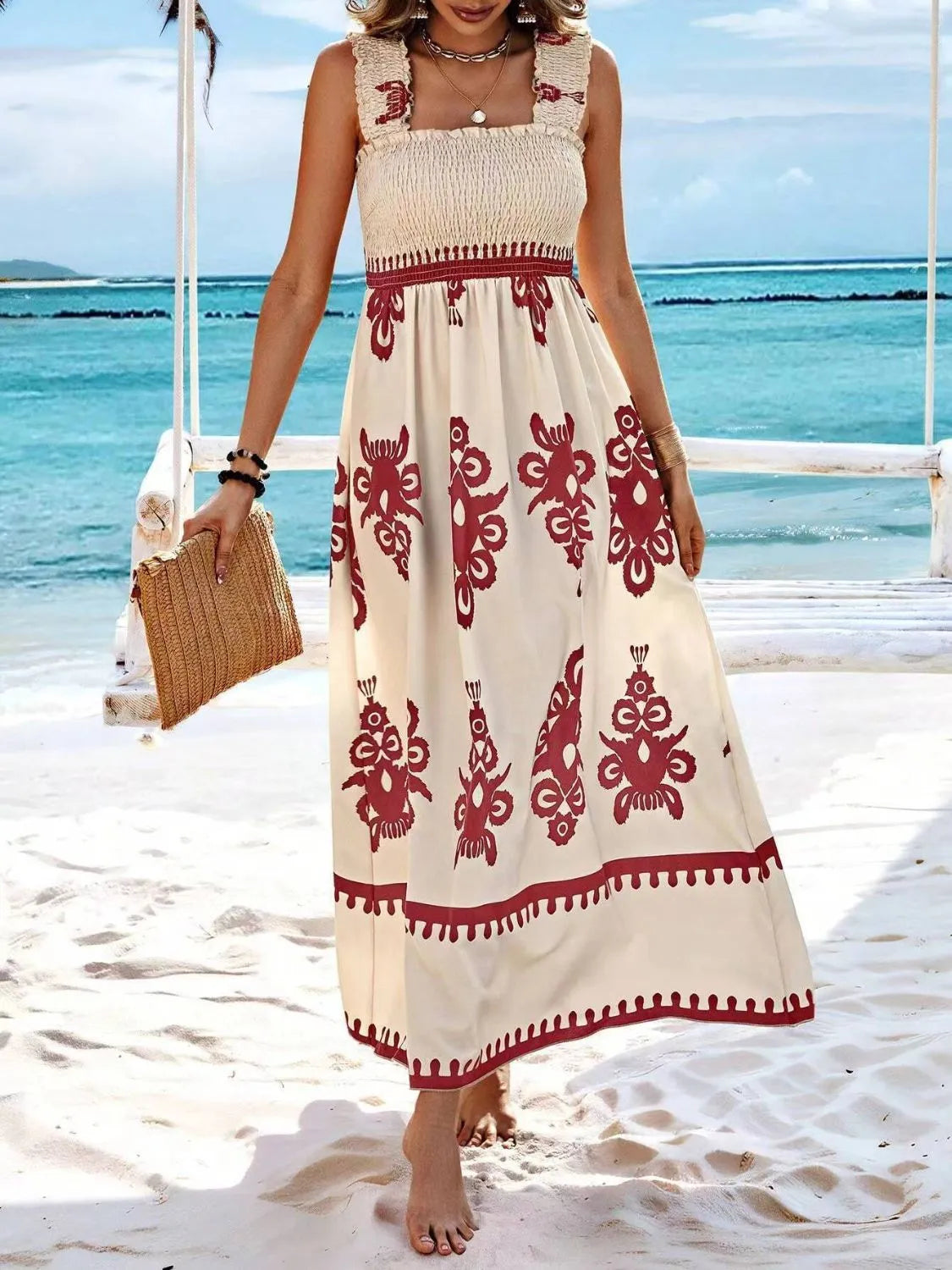 Buy Smocked Printed Wide Strap Maxi Dress by Faz