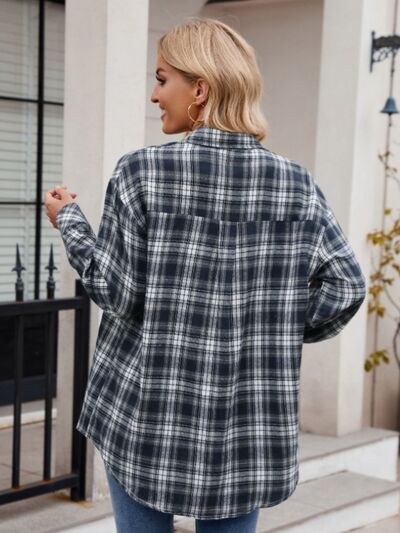 Buy Pocketed Plaid Collared Neck Long Sleeve Shirt by Mandy
