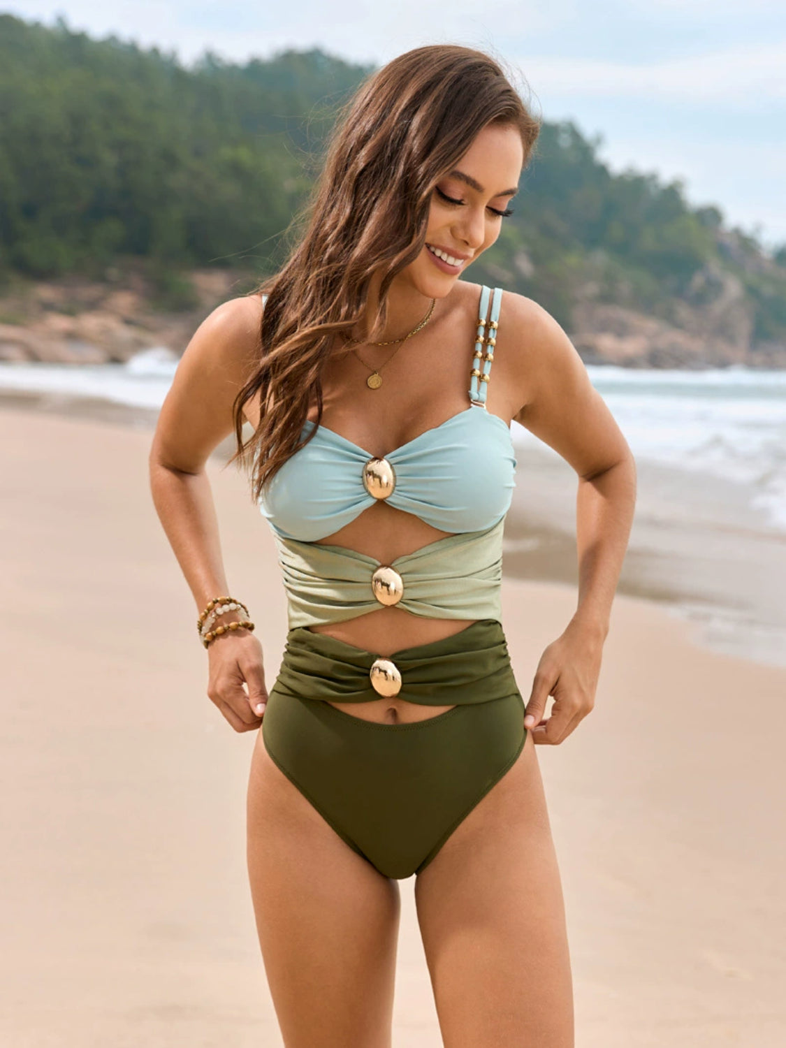 Buy Color Block Sweetheart Neck One-Piece Swimwear by Faz