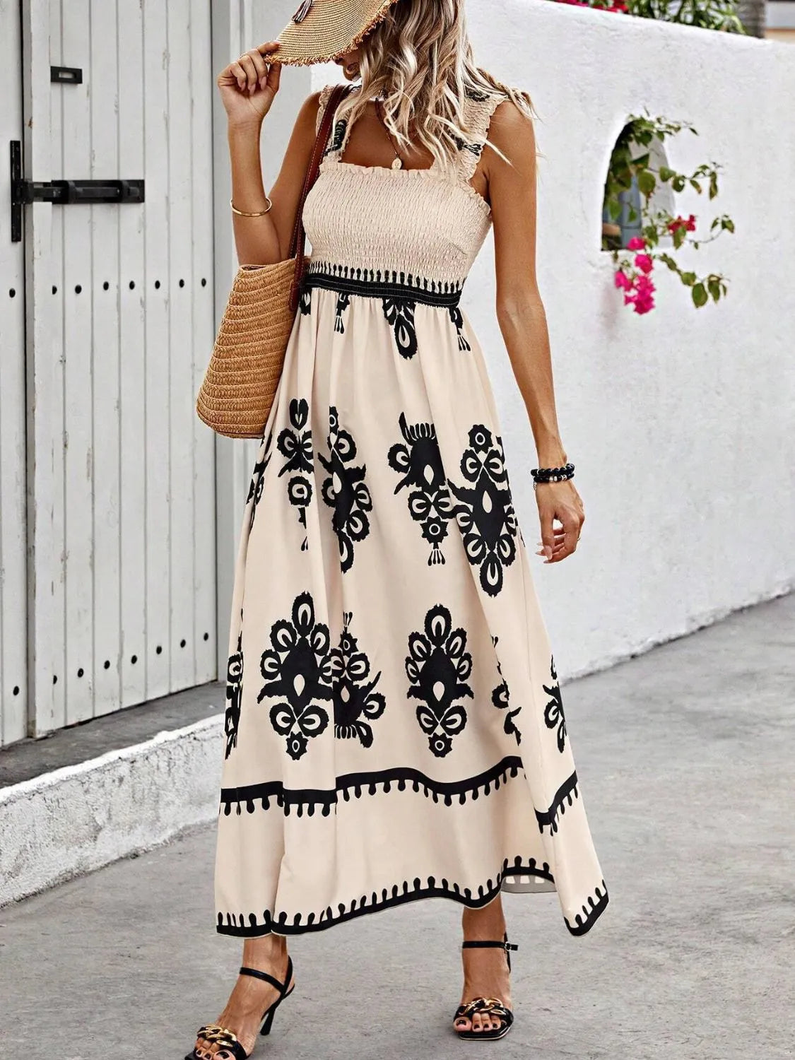 Buy Smocked Printed Wide Strap Maxi Dress by Faz