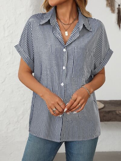 Buy Pocketed Striped Collared Neck Short Sleeve Shirt by Mandy