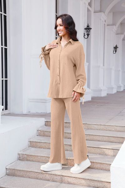 Buy Drawstring Flounce Sleeve Shirt and Pants Set by S.S.Ni