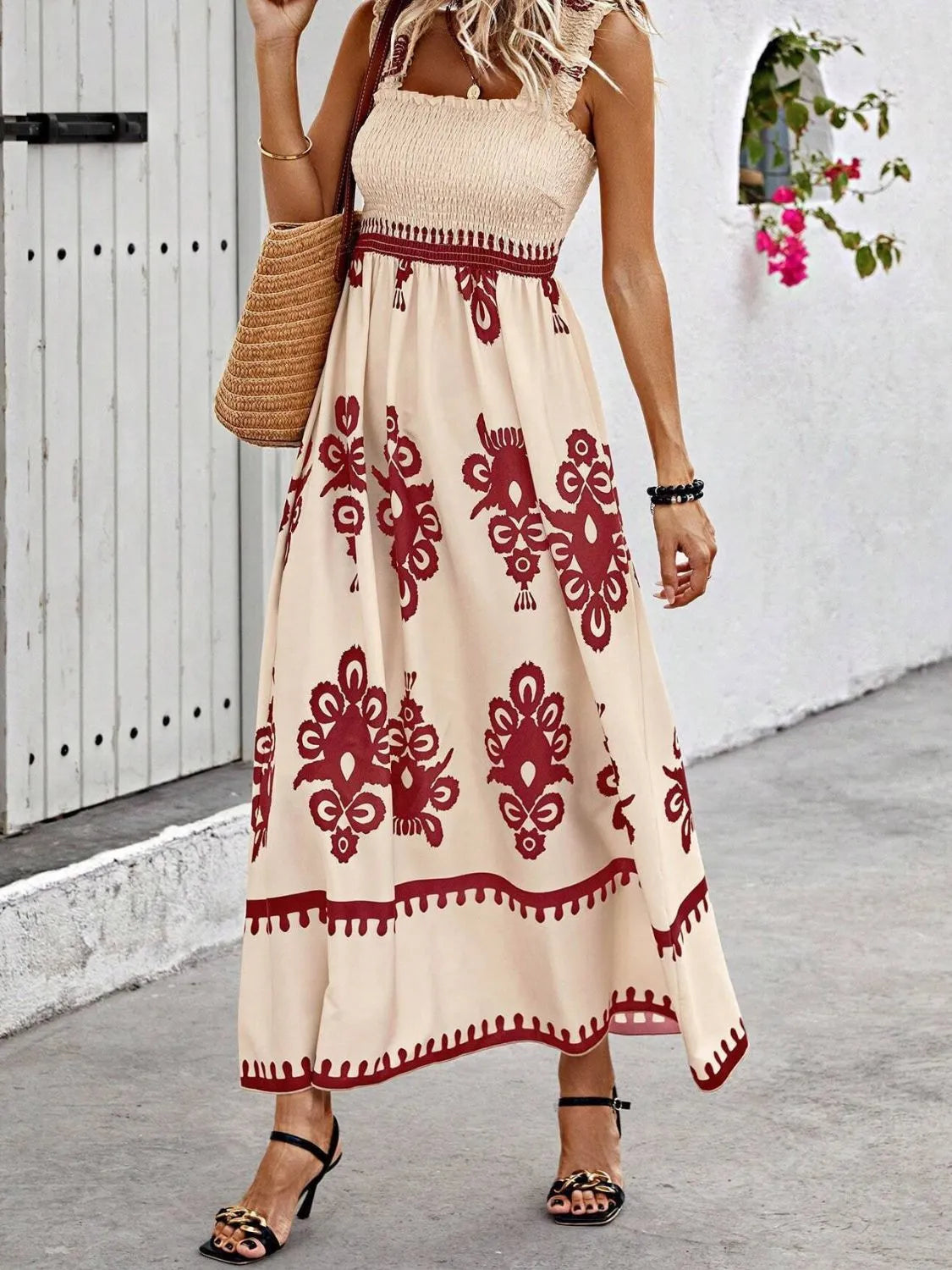 Buy Smocked Printed Wide Strap Maxi Dress by Faz