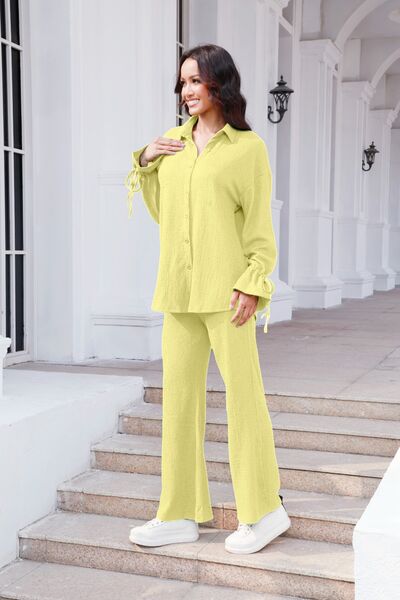 Buy Drawstring Flounce Sleeve Shirt and Pants Set by S.S.Ni
