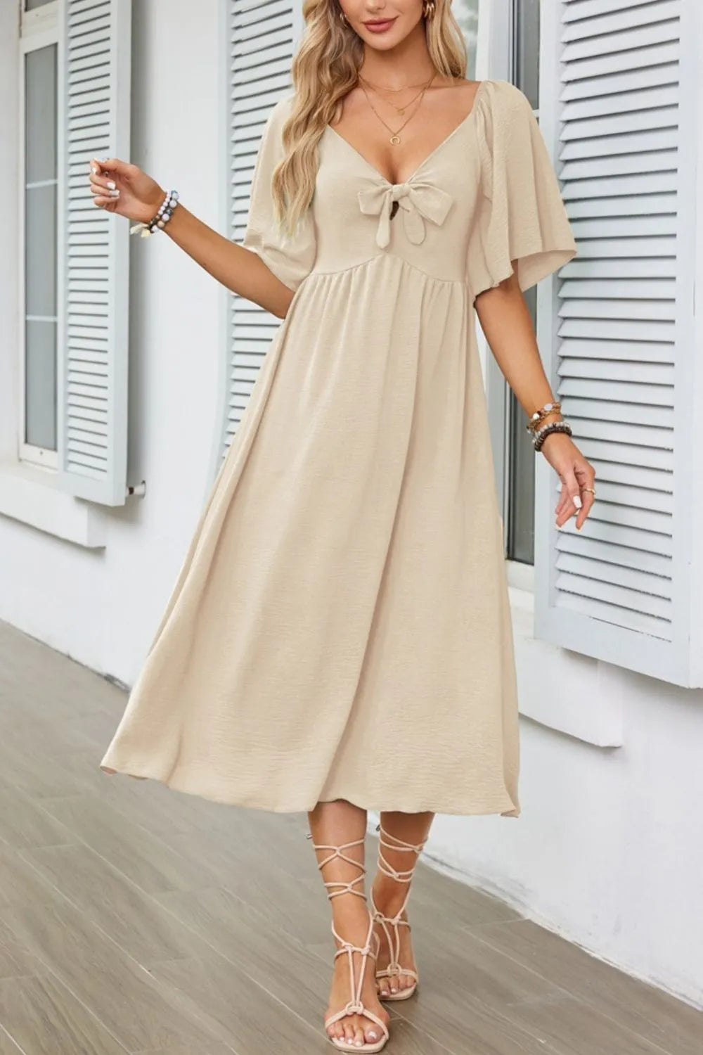 Buy Smocked Tie Front Flutter Sleeve Midi Dress by Faz