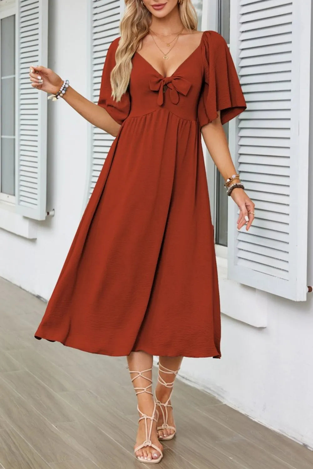 Buy Smocked Tie Front Flutter Sleeve Midi Dress by Faz