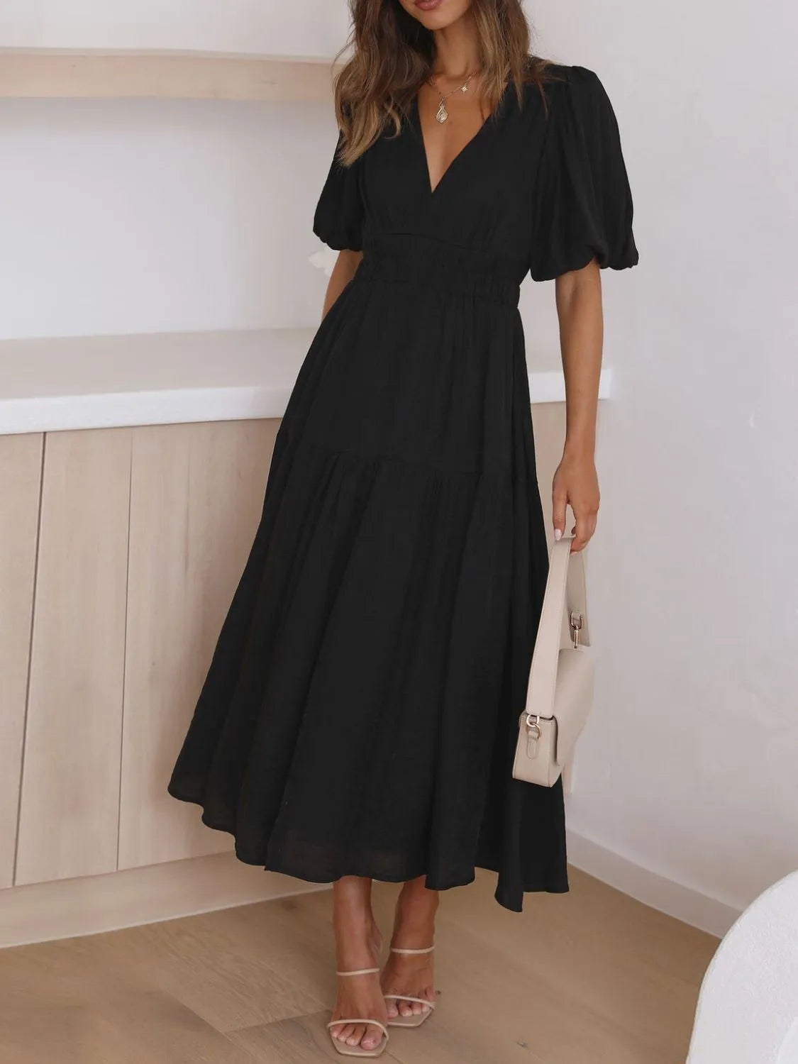 Buy V-Neck Puff Sleeve Midi Dress by Faz