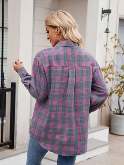 Buy Pocketed Plaid Collared Neck Long Sleeve Shirt by Mandy