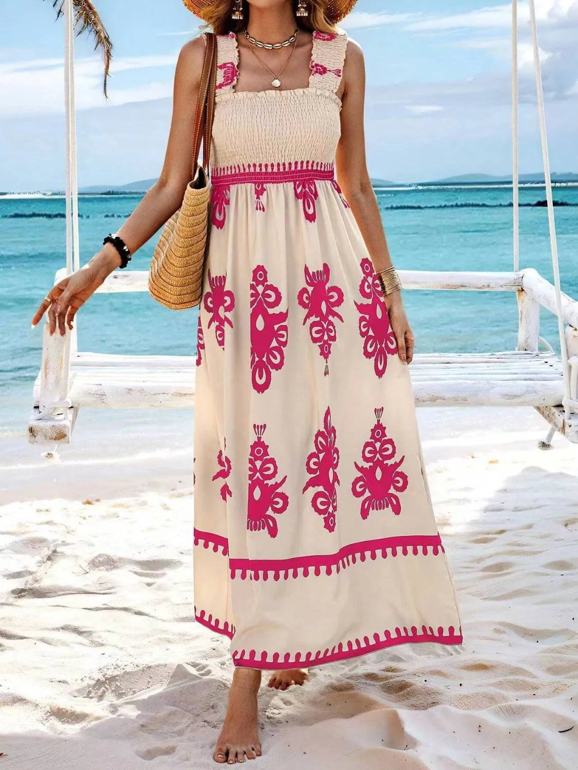 Buy Smocked Printed Wide Strap Maxi Dress by Faz