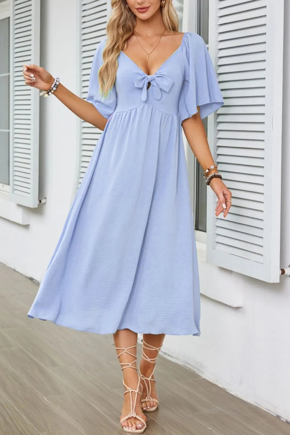 Buy Smocked Tie Front Flutter Sleeve Midi Dress by Faz