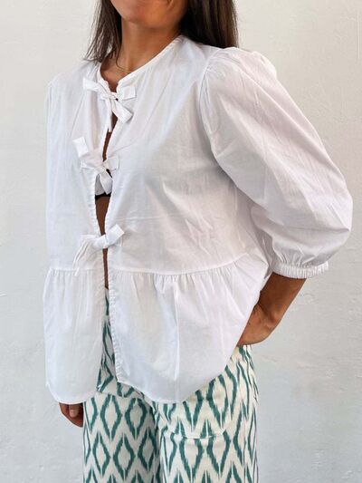 Buy Tied Round Neck Balloon Sleeve Shirt by Sara Rue