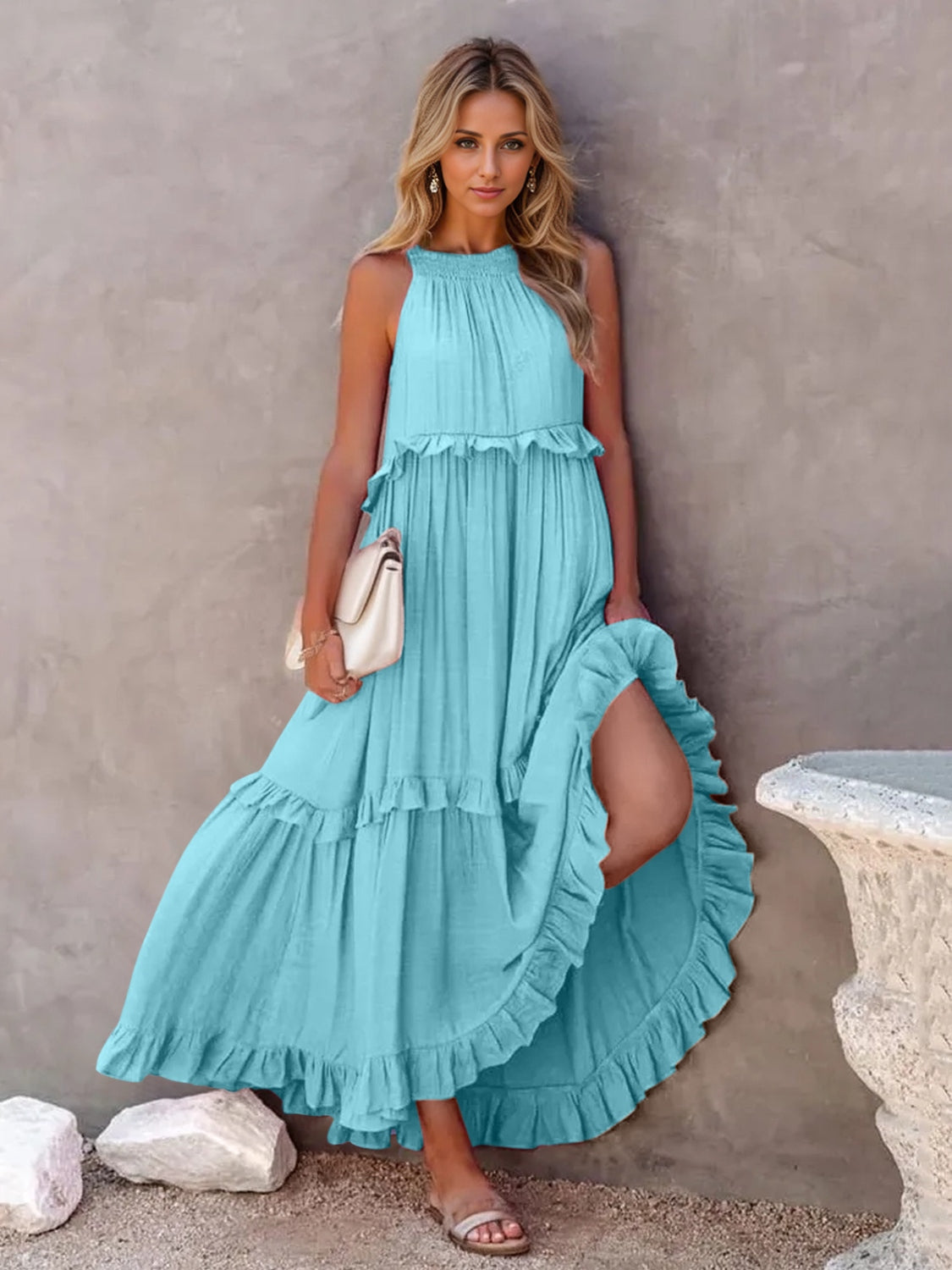 Buy Ruffled Sleeveless Tiered Maxi Dress with Pockets by Faz