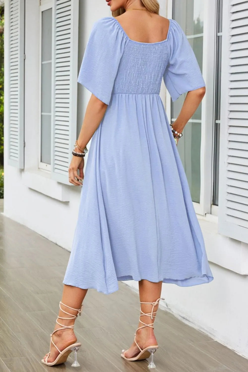 Buy Smocked Tie Front Flutter Sleeve Midi Dress by Faz