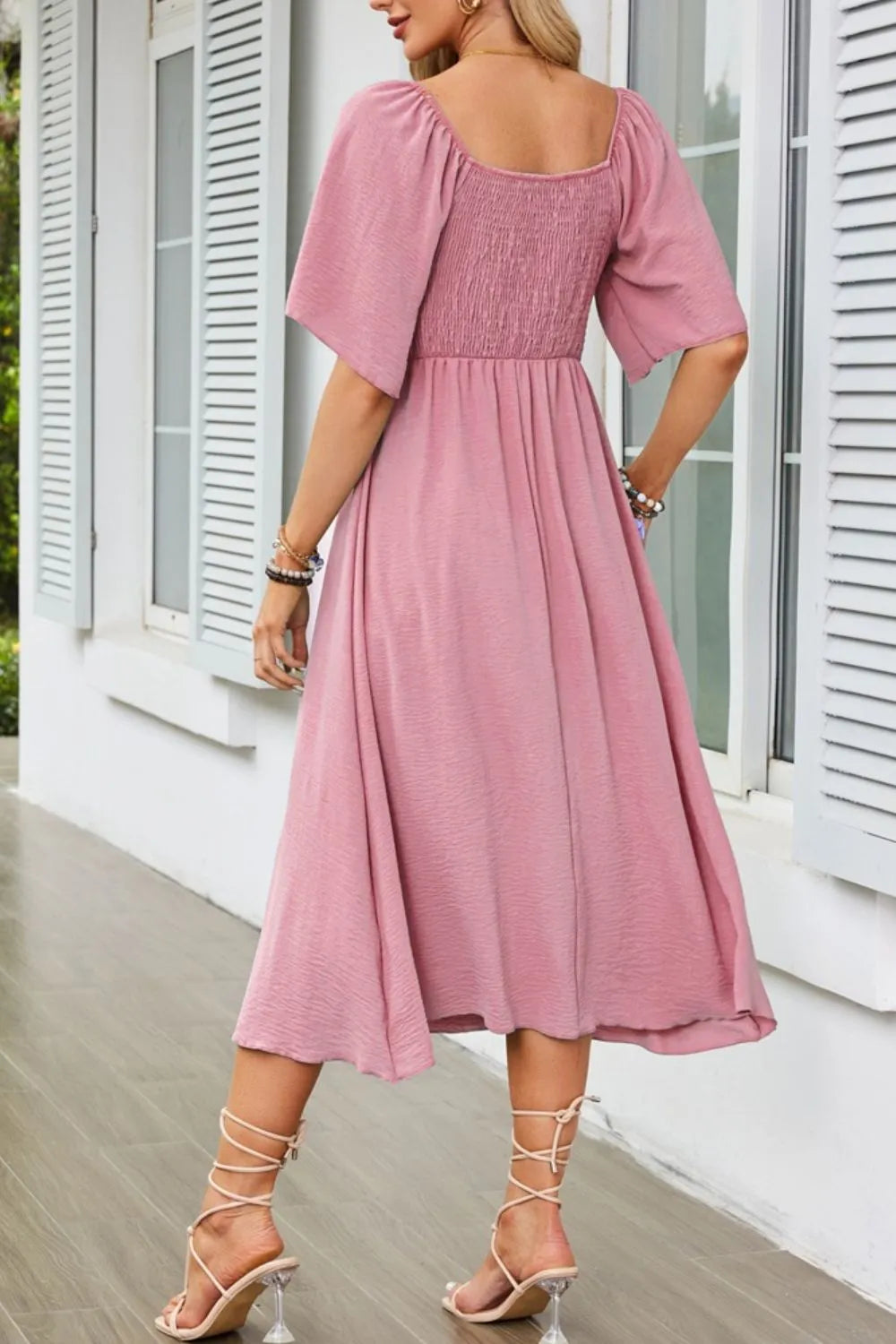 Buy Smocked Tie Front Flutter Sleeve Midi Dress by Faz