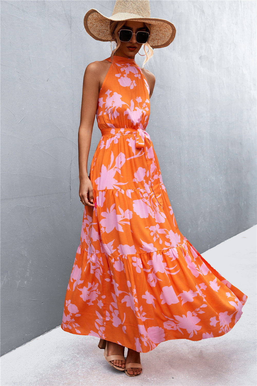 Buy Printed Sleeveless Tie Waist Maxi Dress by YO