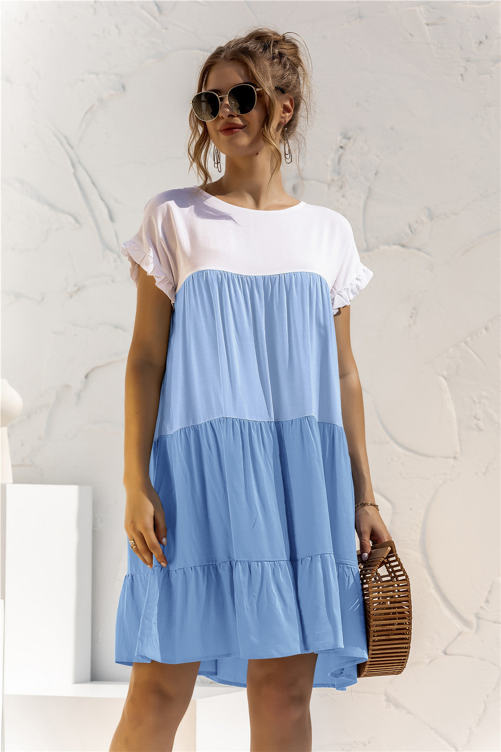 Buy Color Block Round Neck Ruffle Hem Dress by YO