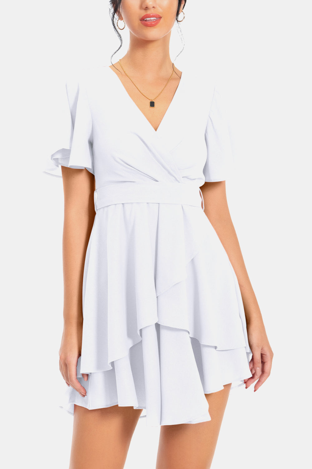 Buy Surplice Neck Flutter Sleeve Dress by A&D