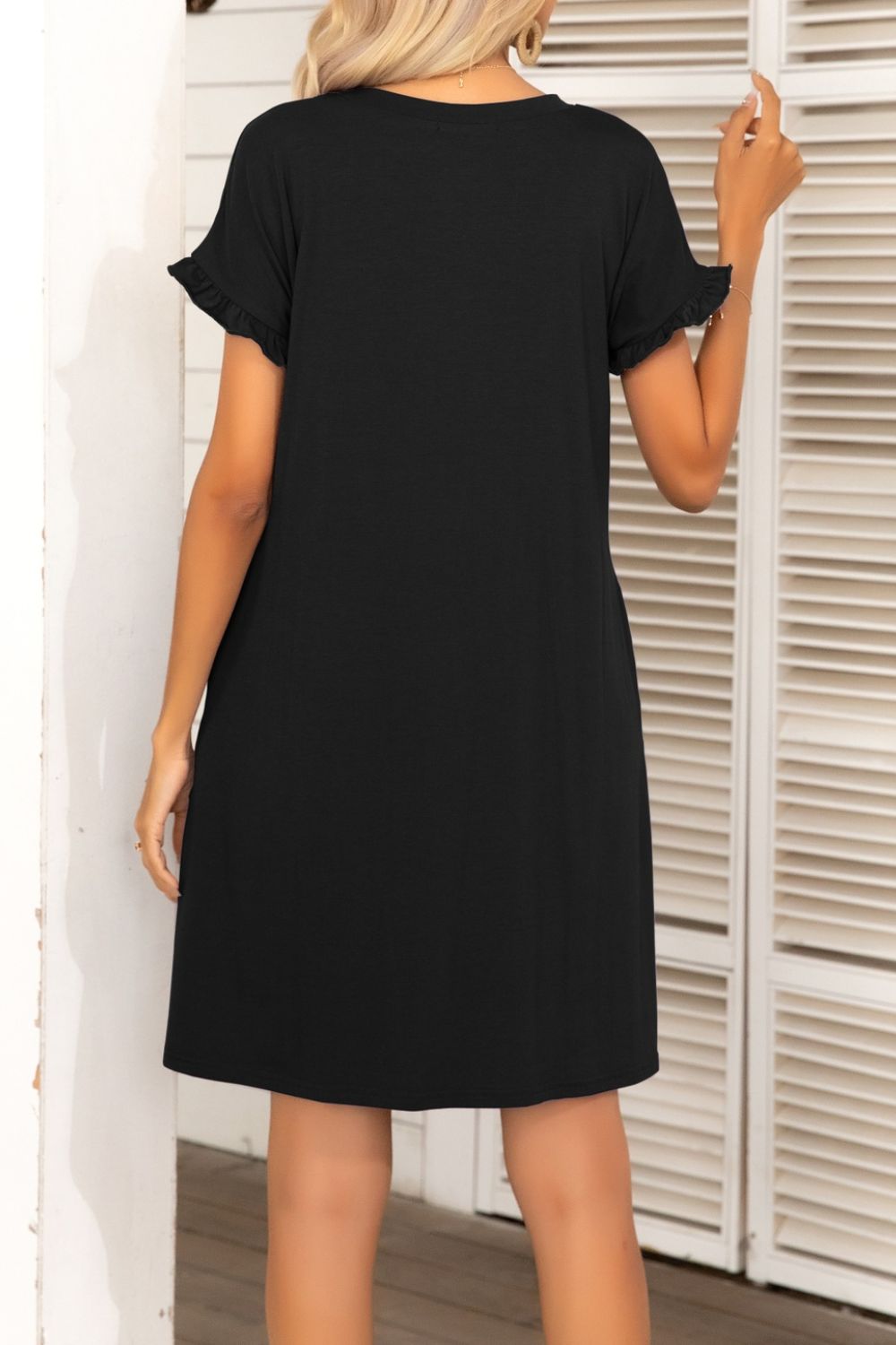 Buy Flounce Sleeve Round Neck Dress with Pockets by Putica