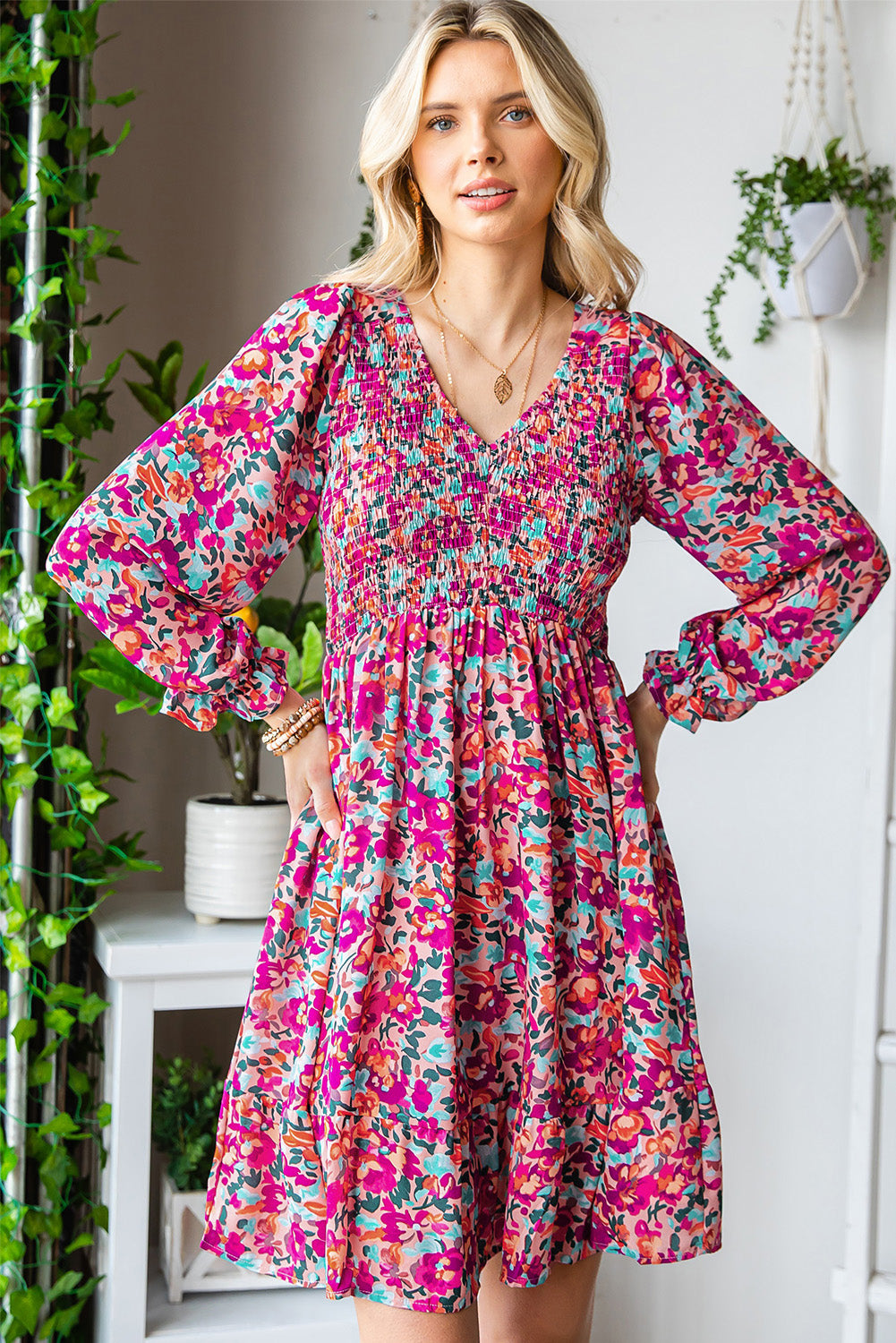 Buy Floral Smocked V-Neck Flounce Sleeve Dress by Faz
