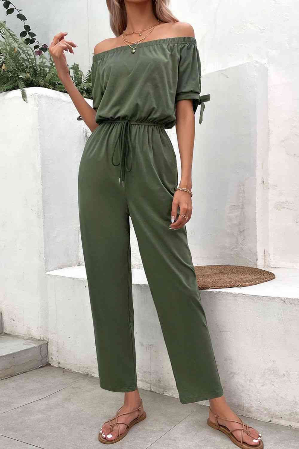 Buy Off-Shoulder Tie Cuff Jumpsuit with Pockets by Hundredth