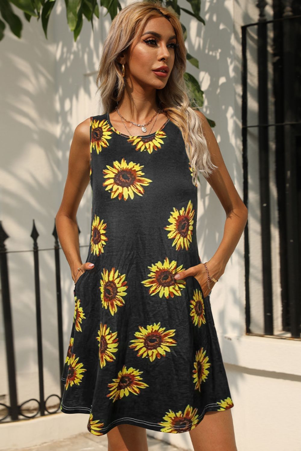 Buy Printed Round Neck Sleeveless Dress with Pockets by Romantichut
