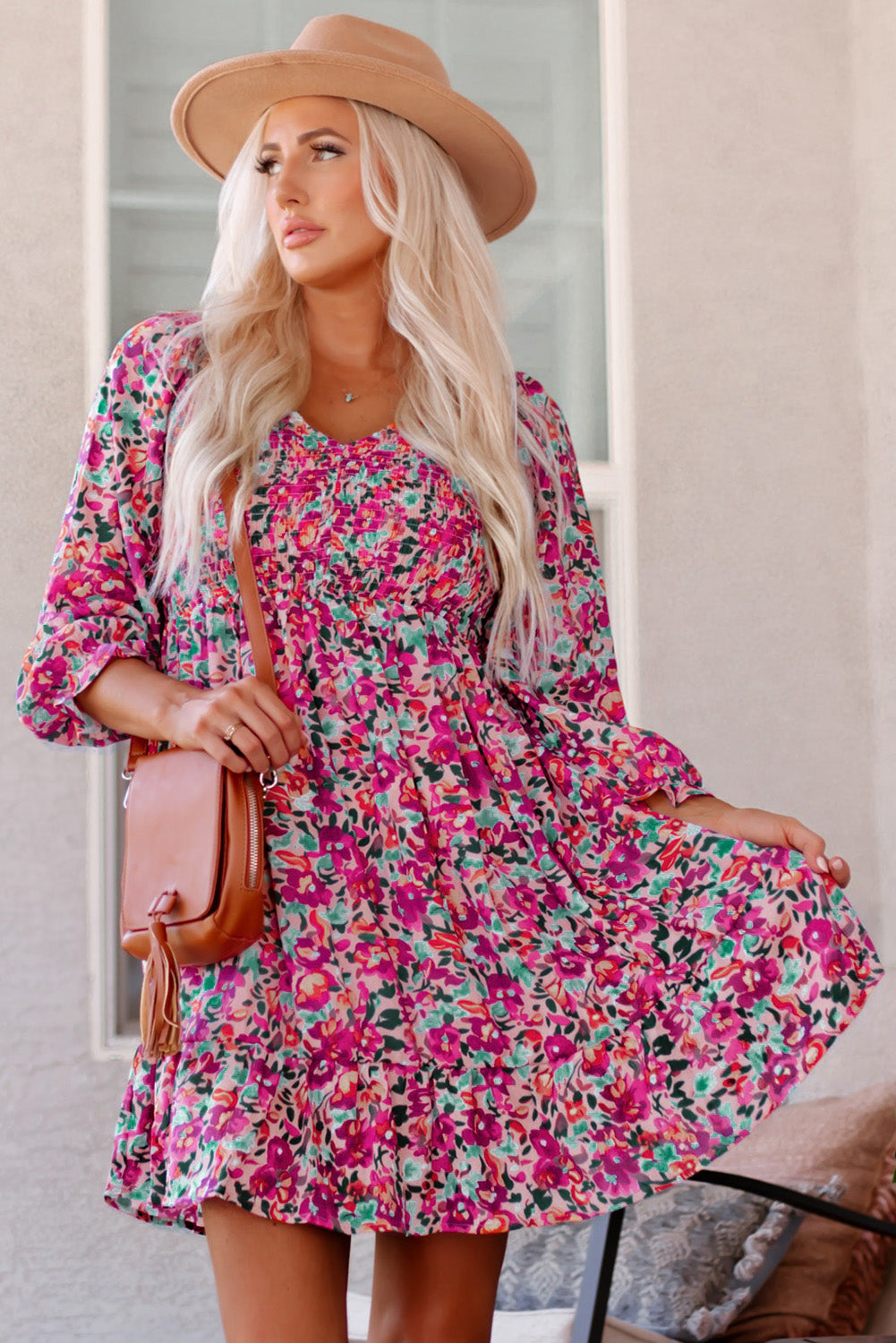 Buy Floral Smocked V-Neck Flounce Sleeve Dress by Faz