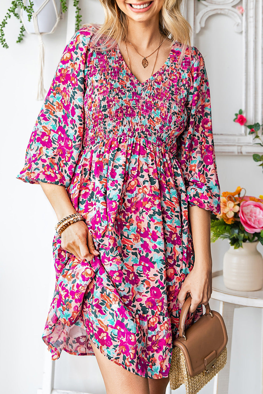 Buy Floral Smocked V-Neck Flounce Sleeve Dress by Faz