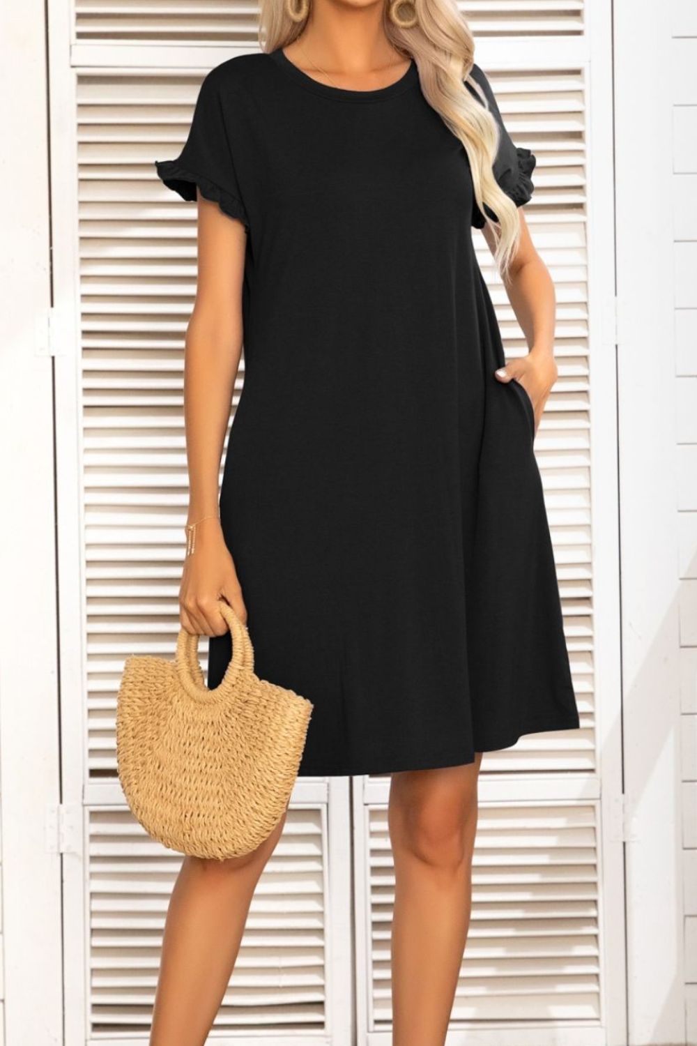 Buy Flounce Sleeve Round Neck Dress with Pockets by Putica