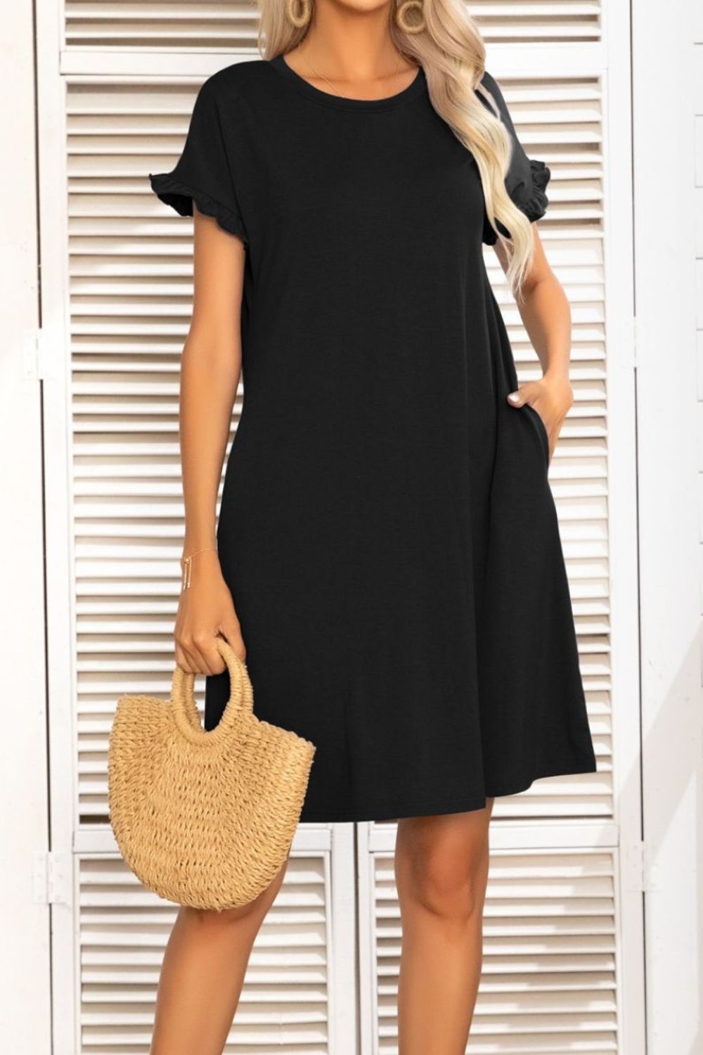 Buy Flounce Sleeve Round Neck Dress with Pockets by Putica