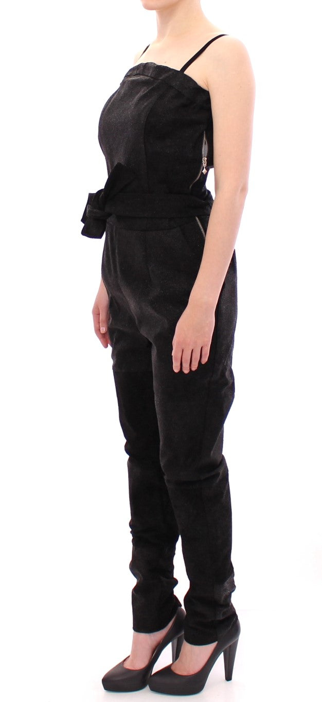 Elegant Black Leather Jumpsuit with Waist Strap