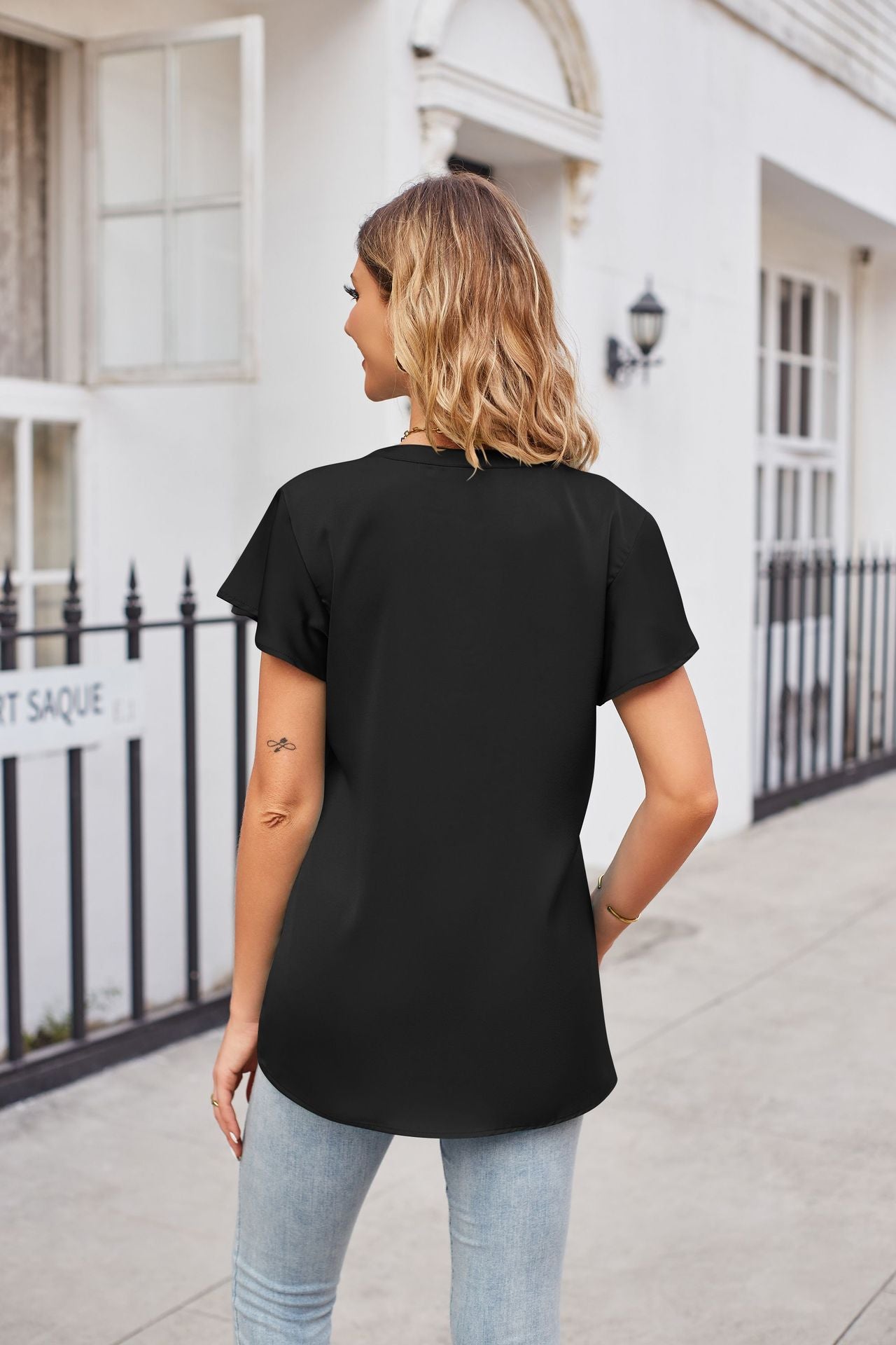 Buy Notched Neck Flutter Sleeve Satin Top by Faz