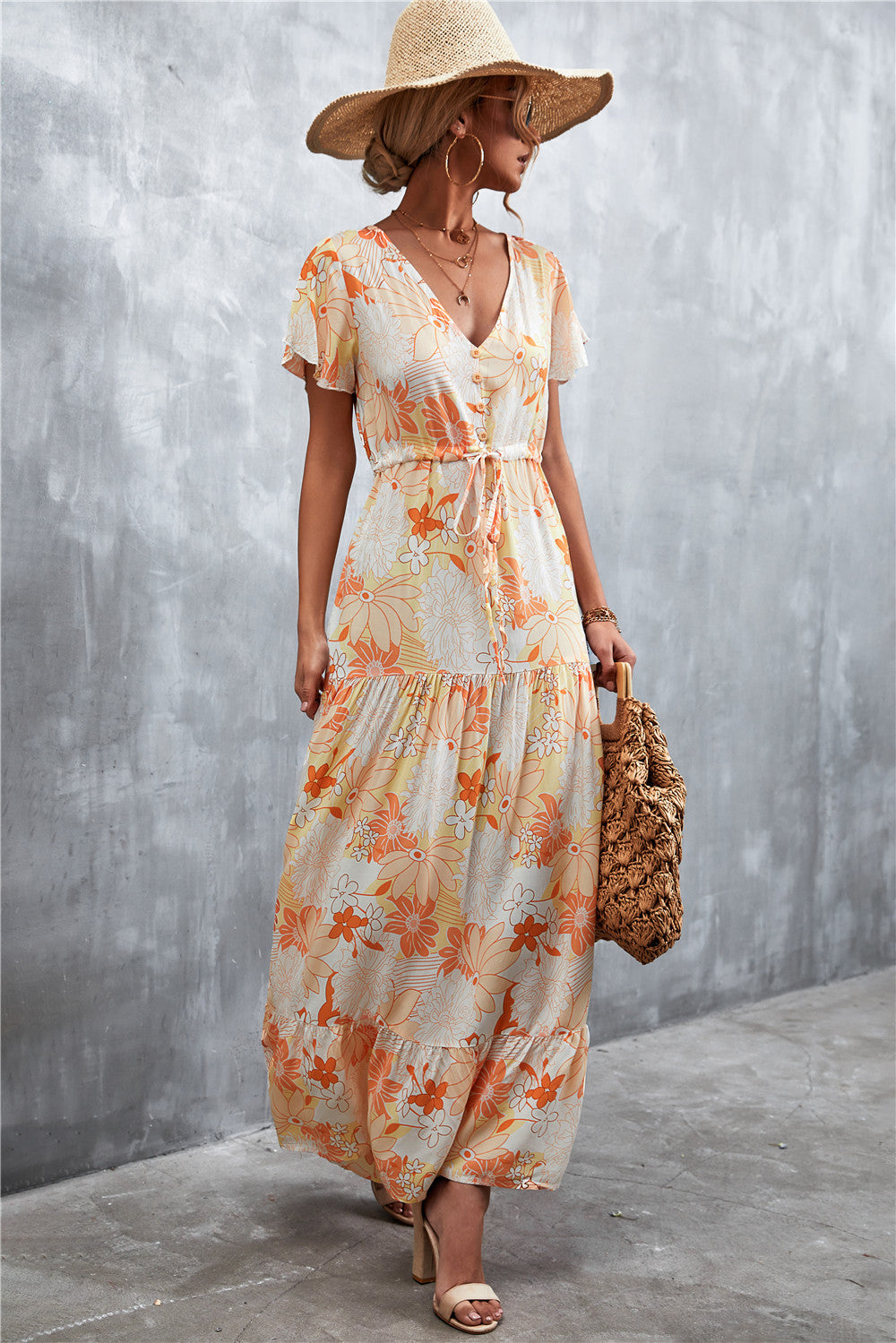 Buy Floral Buttoned Drawstring Waist Tiered Dress by Faz