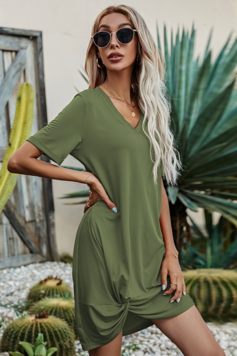 Buy Twisted V-Neck Short Sleeve Dress by Faz