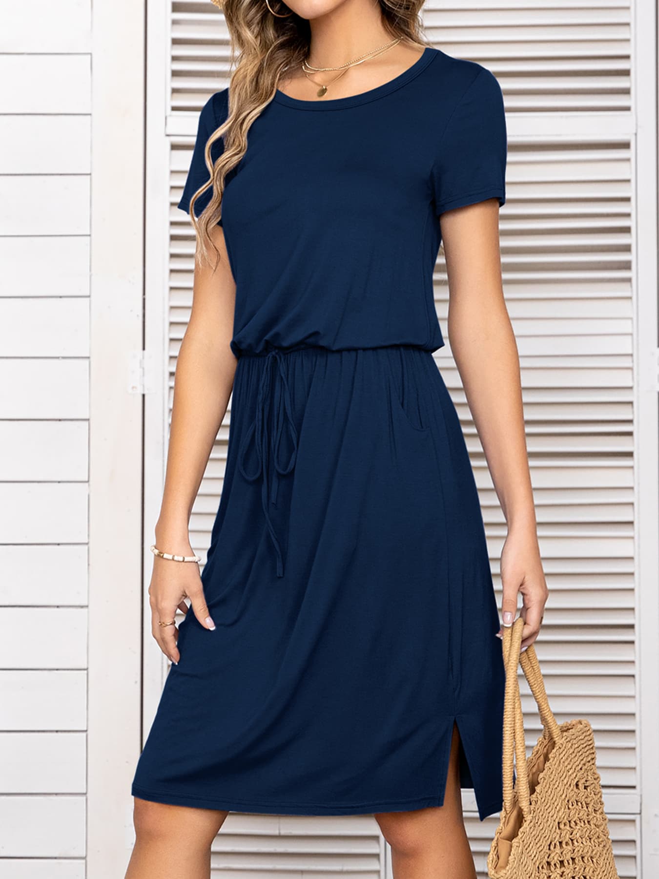 Buy Round Neck Short Sleeve Slit Dress with Pockets by Putica