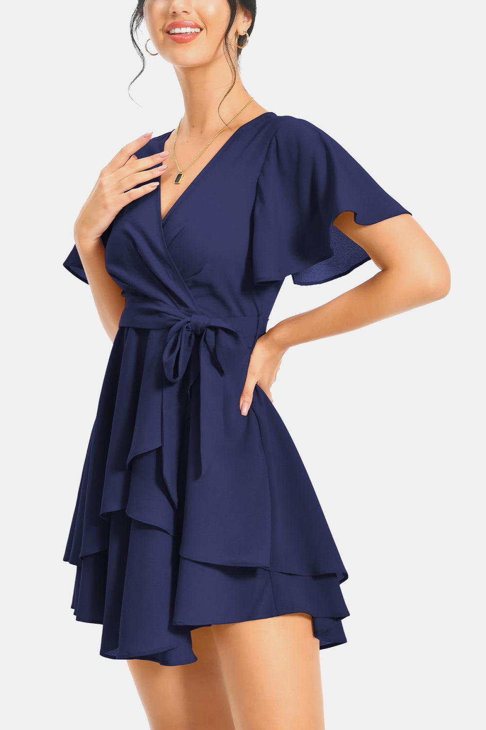 Buy Surplice Neck Flutter Sleeve Dress by A&D