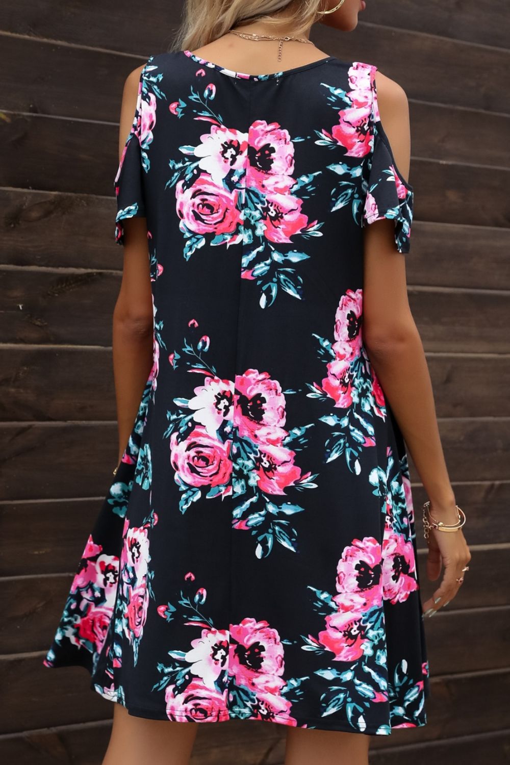 Buy Floral Round Neck Cold-Shoulder Dress by Putica