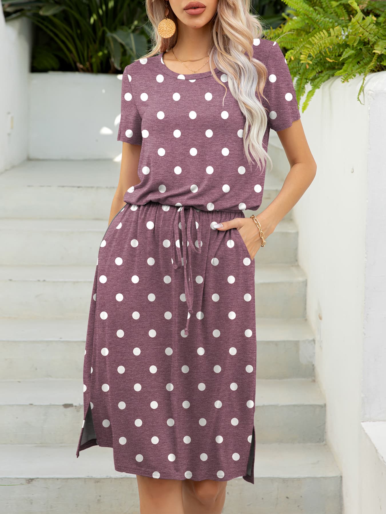 Buy Round Neck Short Sleeve Slit Dress with Pockets by Putica