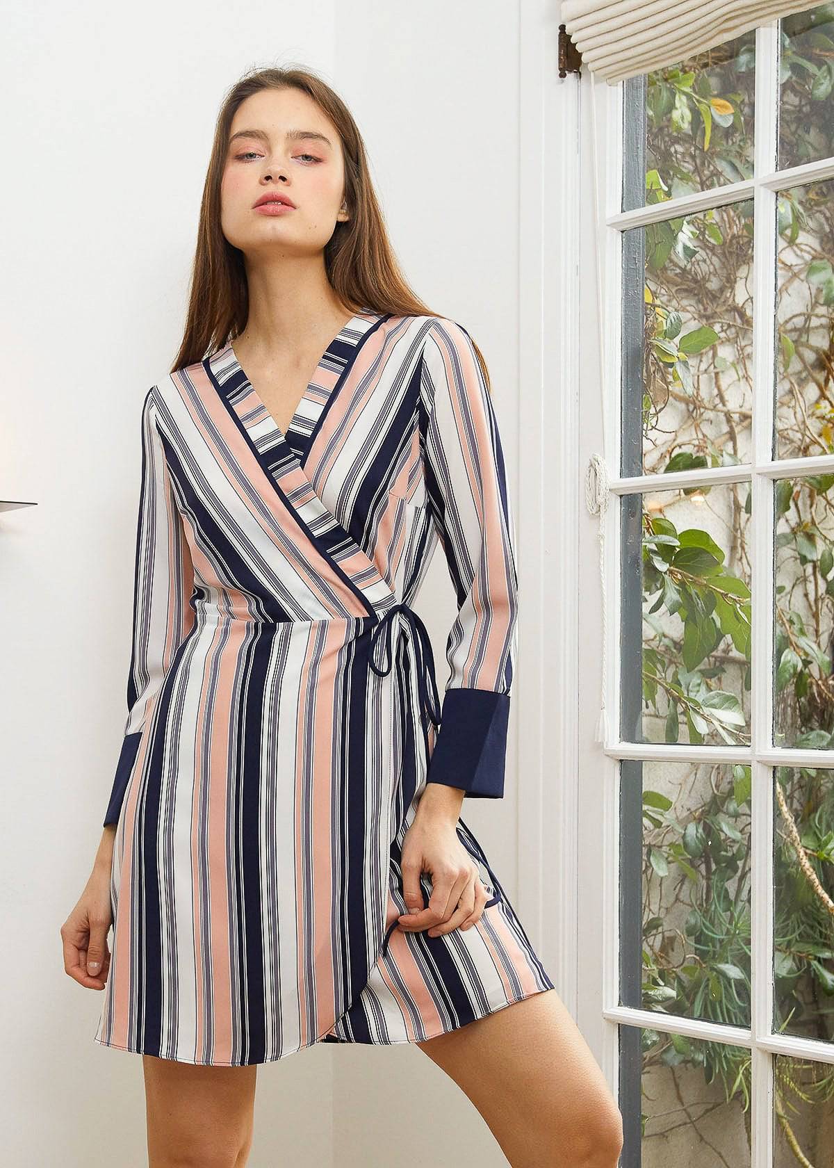 Printed Wrap Dress With Cuff Binding in Multi Stripe