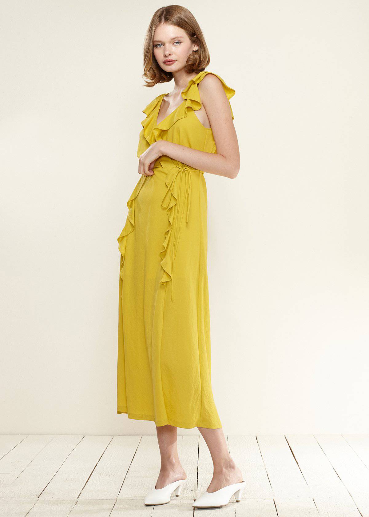 Ruffle Trim Wrapped Maxi Dress in Mustard