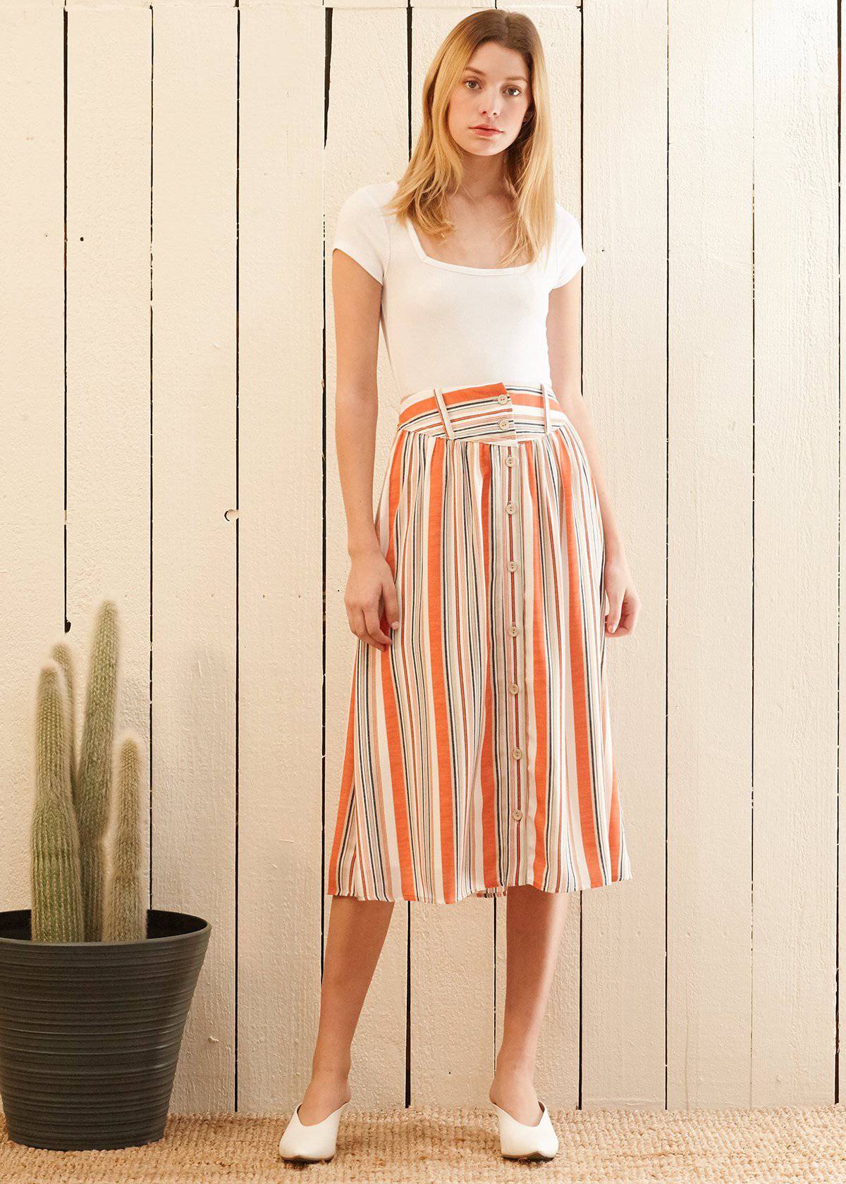 Buy Multi Stripe Button Front Midi Skirt in Rust Multi by Shop at Konus