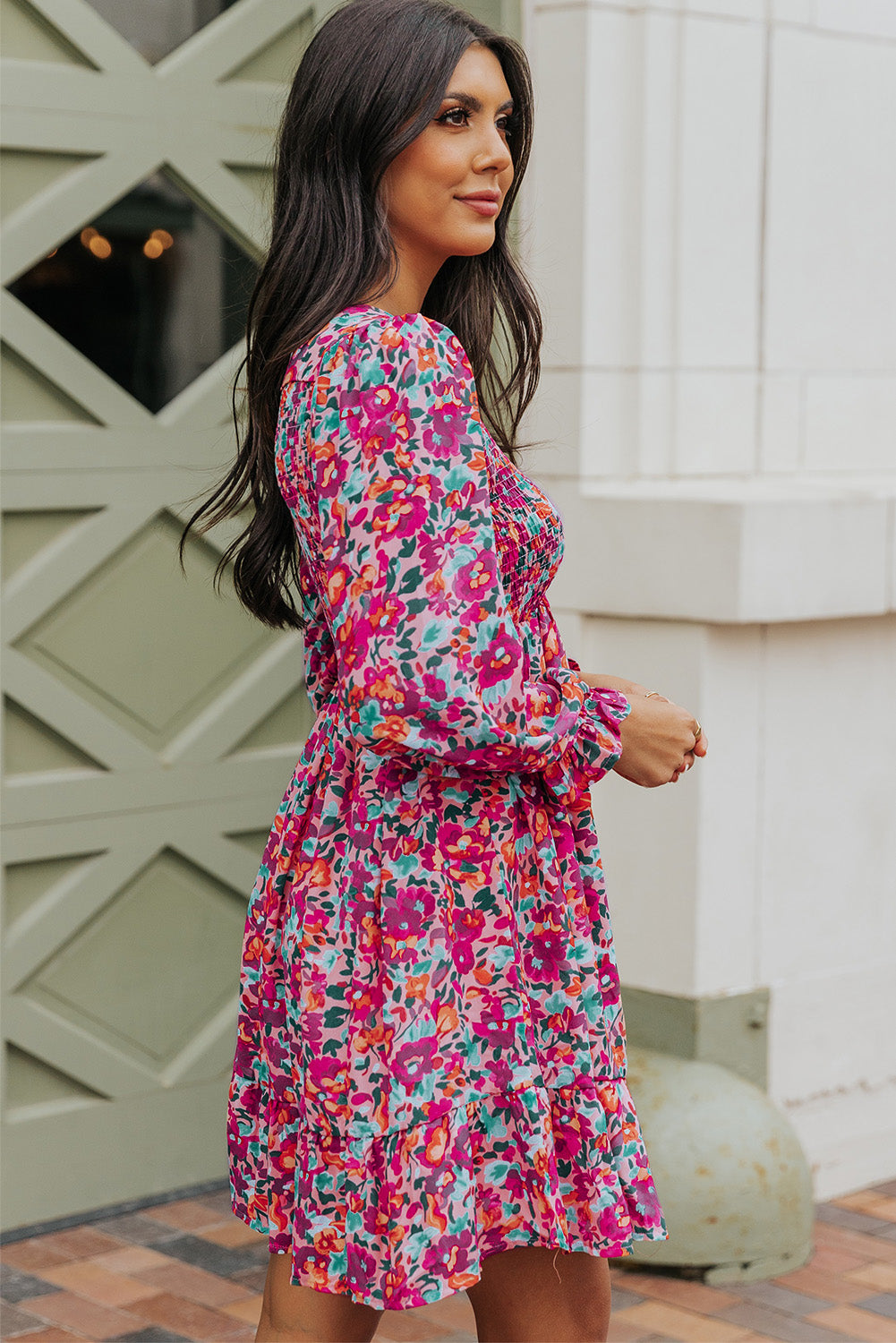 Buy Floral Smocked V-Neck Flounce Sleeve Dress by Faz