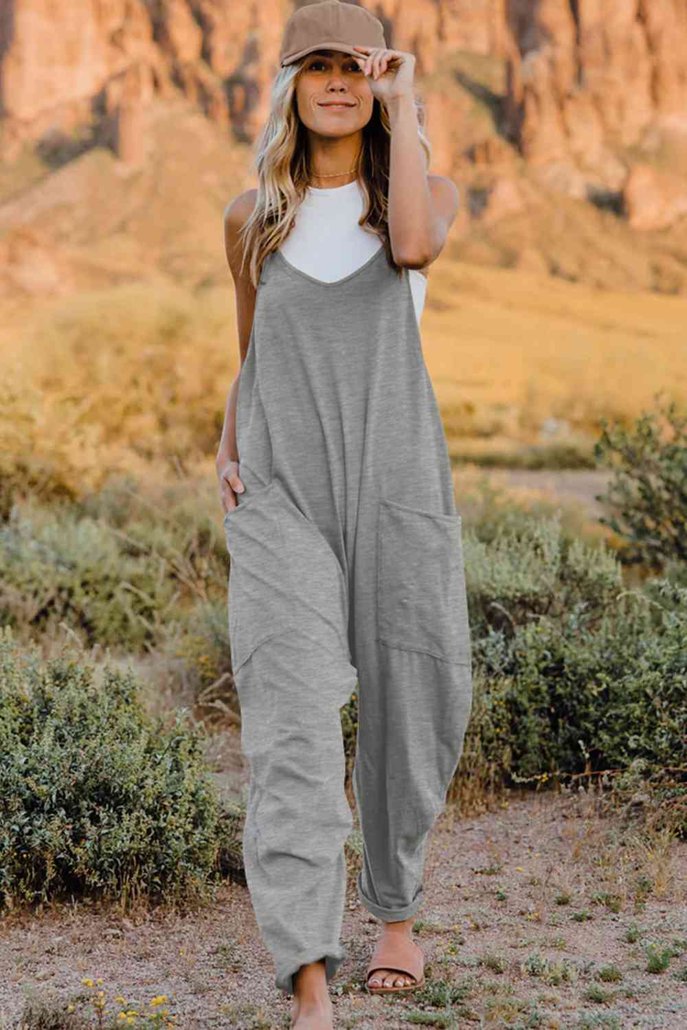 Buy Full Size V-Neck Sleeveless Jumpsuit with Pockets by Double Take
