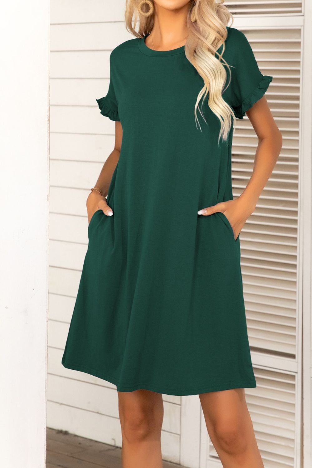 Buy Flounce Sleeve Round Neck Dress with Pockets by Putica