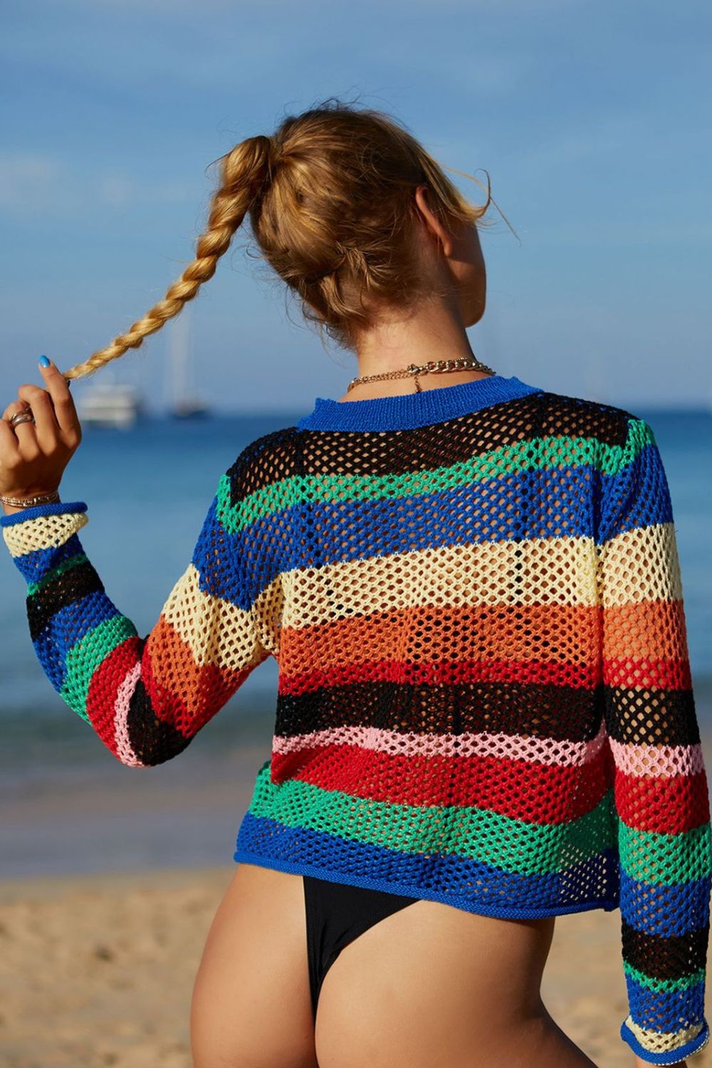 Buy Rainbow Stripe Openwork Long Sleeve Cover-Up by Faz